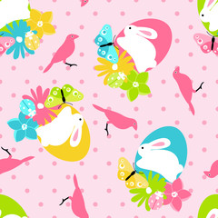 Seamless pattern with easter spring bunny in flowers and birds on green background in cartoon style