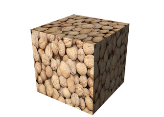 cube shaped walnuts isolated on white background