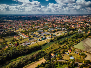 Fototapeta na wymiar Drone aerial view of sewage treatment plant. Industrial water treatment