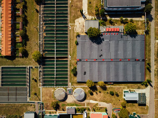 Drone aerial view of sewage treatment plant. Industrial water treatment