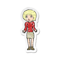 retro distressed sticker of a cartoon woman shrugging shoulders