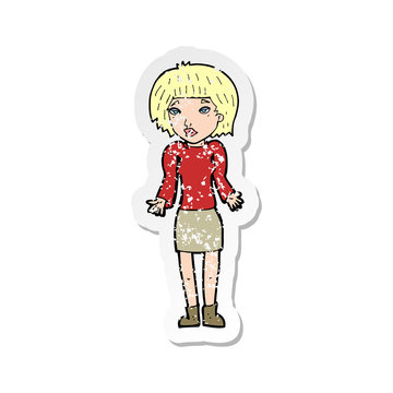 recommend clip art: retro distressed sticker of a cartoon woman shrugging shoulders