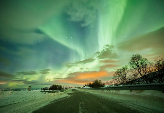 Sortland road in the night during a northern lights Nordland county Langoeya Island, Vesteralen Island, Norway Europe