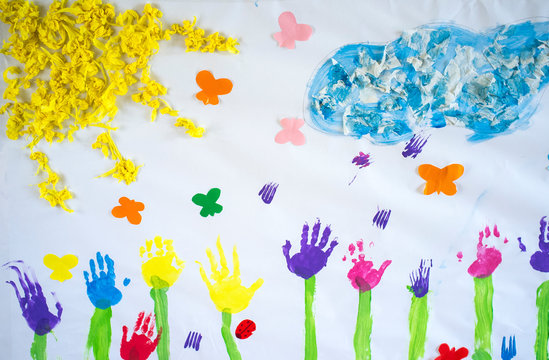 Spring mural draw over craft paper painted with hands prints