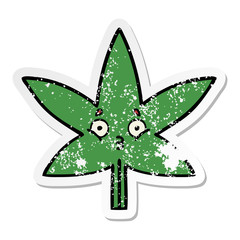 distressed sticker of a cute cartoon marijuana leaf