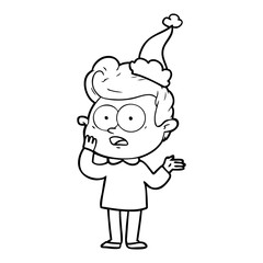 line drawing of a staring man wearing santa hat