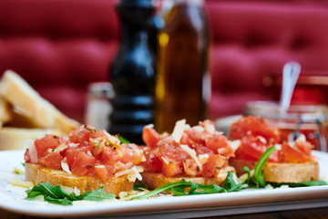 Italian Bruschetta with tomatoes Salsa in the restaurant to eat 
