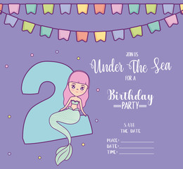 card with cute mermaid and number two