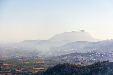 Panoramic view of Montgó mountain and Rectoria Valley in Marina Alta, Alicante, Spain. View from Vall de Laguar town.