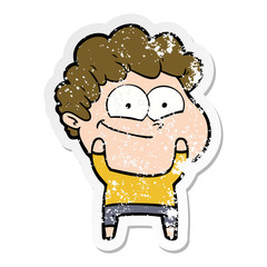 distressed sticker of a cartoon happy man