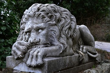 Sleeping stone lion statue as guardian in botanical garden on square pedestal