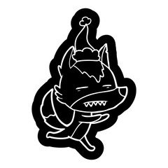 cartoon icon of a wolf showing teeth wearing santa hat