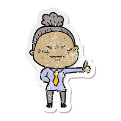 distressed sticker of a cartoon annoyed old lady