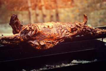 Lamb on skewer grilled to perfection using hot charcoal
