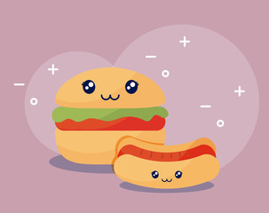 delicious hamburger with hot dog kawaii character