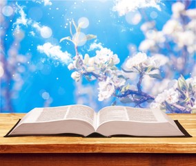 Open book on old wooden table.