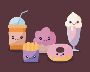 set of bakery pastry kawaii character