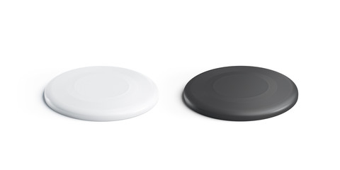 Blank black and white plastic frisbee mockup set, isolated, 3d rendering. Empty round frisby mock up, side view. Clear toy for outdoor leisure activity template.