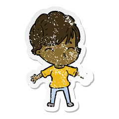 distressed sticker of a cartoon woman thinking