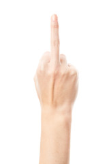 Middle finger. Woman showing her aggressiveness and discontent. Woman hand showing middle finger on a white isolated background