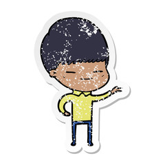 distressed sticker of a cartoon smug boy