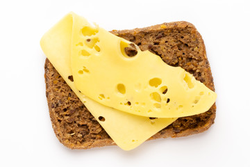 Sandwich with lettuce, cheese on white background.
