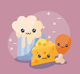 beer drink with cheese and chicken fried kawaii character