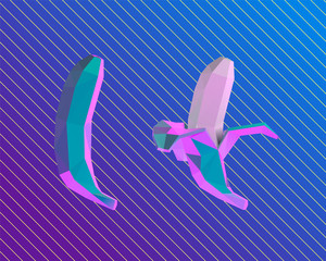 Vaporwave Bananas. Set of Psychedelic Whole and Peeled Banana on Retro Background. Low Poly Vector 3D Rendering