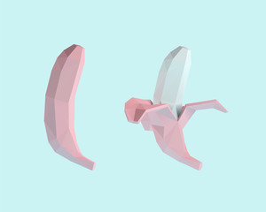 Pastel Bananas. Set of Pink Whole and Peeled Banana on Light Blue Background. Low Poly Vector 3D Rendering