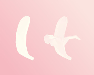 Romantic Bananas. Set of Pink Whole and Peeled Banana on Pink Background. Low Poly Vector 3D Rendering