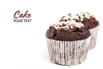 Tasty chocolate cupcakes on white background. Chocolate caramel cupcake and butterscotch syrup. Chocolate cupcake isolated on white.