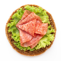 Sandwich with ham sausage on white background.