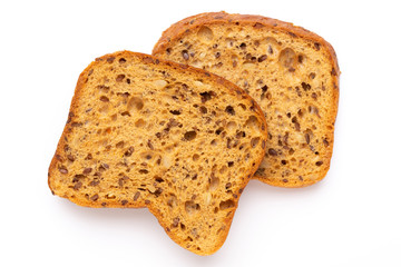 Rye bread slice on a white background.