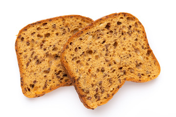 Rye bread slice on a white background.