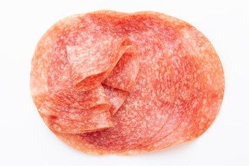 Sandwich with salami sausage on white background.