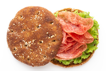 Sandwich with ham sausage on white background.