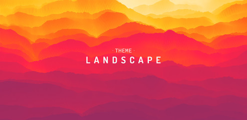 Mountain landscape with a dawn. Sunset. Mountainous terrain. Hills silhouette. Abstract background. Vector illustration.