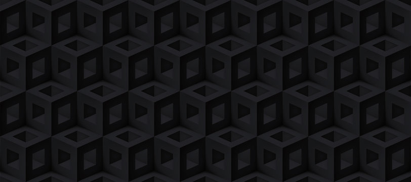 Realistic 3d vector cubes texture, geometric black seamless pattern, design dark background for you projects 