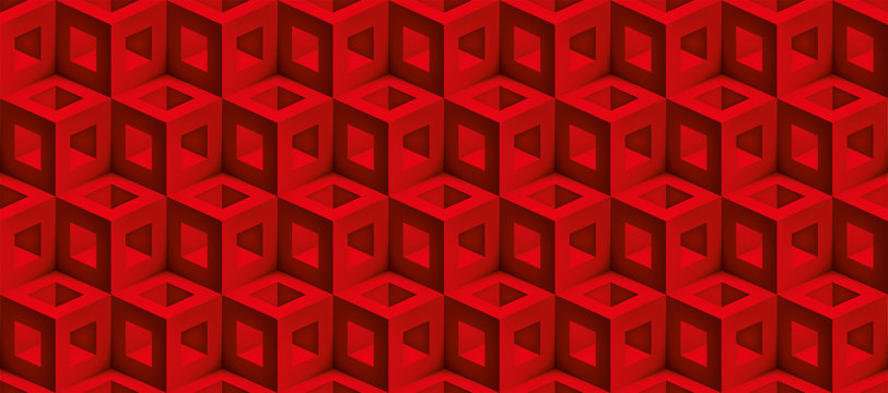 Realistic 3d vector cubes texture, geometric seamless pattern, design red background for you projects 