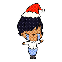 comic book style illustration of a woman crying wearing santa hat
