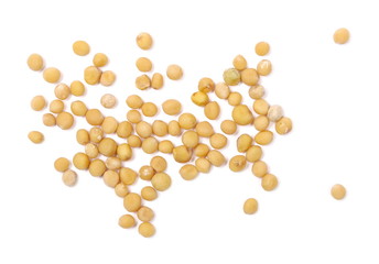 Yellow mustard seeds macro isolated on white, top view