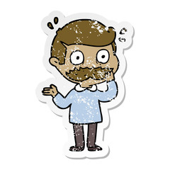 distressed sticker of a cartoon man with mustache shocked