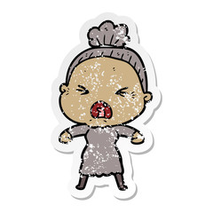 distressed sticker of a cartoon angry old woman