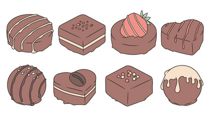 Vector collection set of different tasty cartoon pralines chocolates with glazing and sprinkles