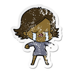 distressed sticker of a cartoon girl crying