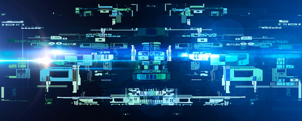 Abstract block chain network, PCB background with flare. 3D Rendering