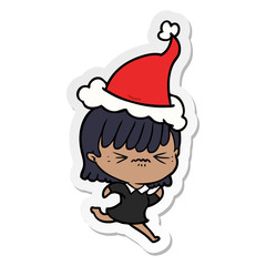 annoyed sticker cartoon of a girl wearing santa hat