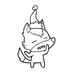 line drawing of a wolf showing teeth wearing santa hat