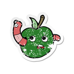 retro distressed sticker of a cartooon worm in apple