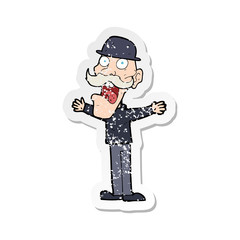 retro distressed sticker of a cartoon man wearing bowler hat